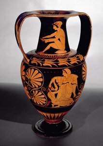 Ânfora ática de figuras vermelhas representando um sátiro lutando com uma bacante, com uma mulher sentada amarrando sua sandália no pescoço, feita por Pamphaios e pintada por Oltos, c.510-500 aC (cerâmica também) (ver também 92572)
